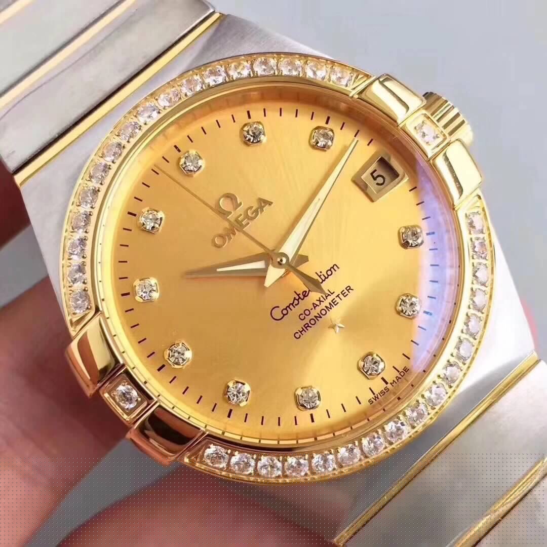 Reissue Omega Constellation series 123.25.35.20.58.001 mechanical men's watch, gold dial with diamonds, 38.5mm.